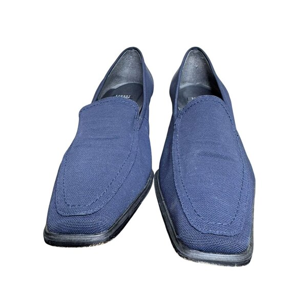 Vintage 90s Stuart Weitzman Navy Blue Square Toe Kitten Heel Loafers, Fabric - Picture 7 of 14